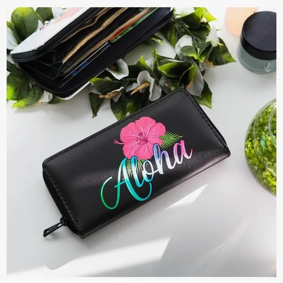 🆕Wallet Long Leather Waterproof Cash Card Holder Hawaiian Hibiscus Print Clutch - Picture 4 of 7